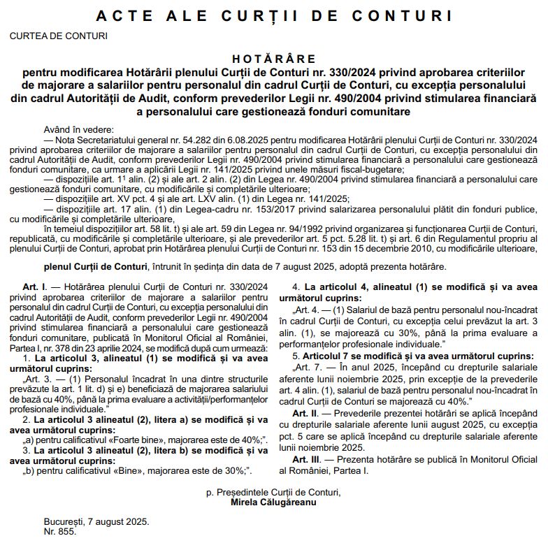 Cresterea salariala de pana la 40% la Curtea de Conturi