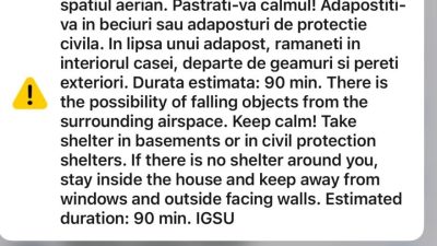 Tulcea: Sistemul de alertare RO-Alert activat în zona de nord a județului din cauza riscului de cădere a unor elemente din aerea noastră”