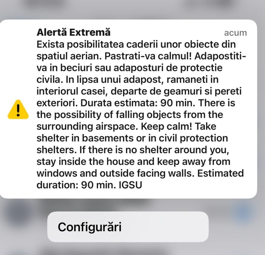 Tulcea: Sistemul de alertare RO-Alert activat în zona de nord a județului din cauza riscului de cădere a unor elemente din aerea noastră”