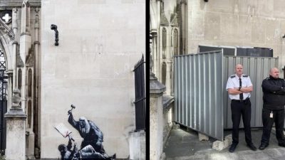 Lucrătorii de la Instanța Regală au acoperit pictura murală a artistului Banksy, reprezentând un judecător care bate un protestatar, iar poliția a arestat aproape 900 de persoane în weekend pentru sprijinirea grupului Palestine Actionea noastră”
