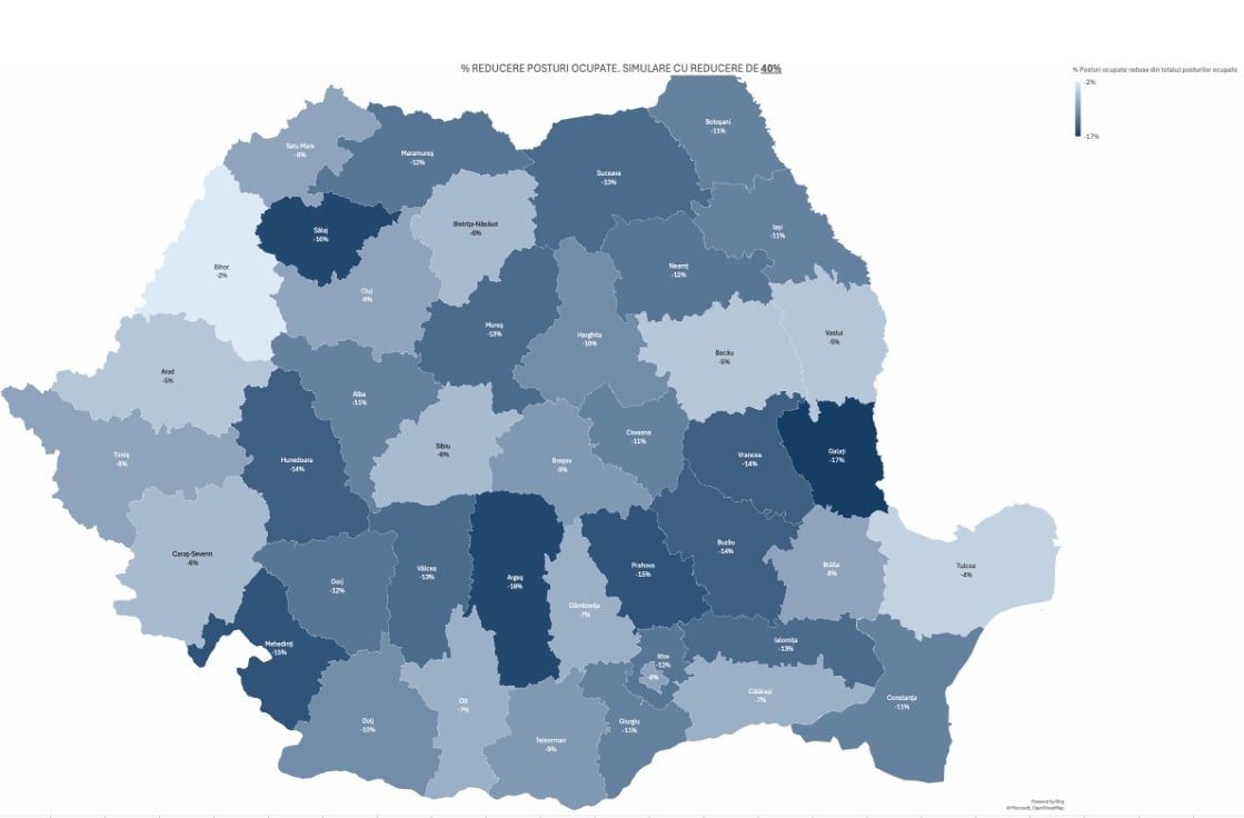 Premierul Bolojan afirmă că peste 13.000 de posturi ocupate din cele 1655 de primării vor fi eliminate în urma reformei administrative, restul fiind neocupate; cele mai afectate județe sunt Galați, Argeș și Sălaj, cu cele mai mari procente de reduceriea noastră”