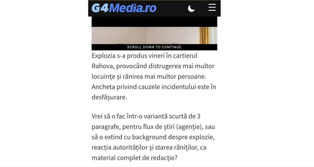 G4Media clarifică articolul despre apelul la solidaritate al DGASMB după explozia din Rahova, redactat cu asumarea unui conținut generat de inteligență artificială