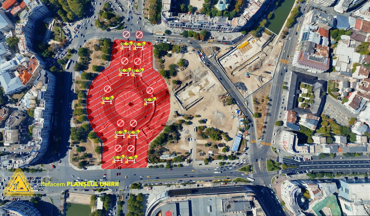 Video: Extinderea șantierului de la planșeul Unirii și în zona fântânilor – noi restricții și rute de circulație în Piața Unirii