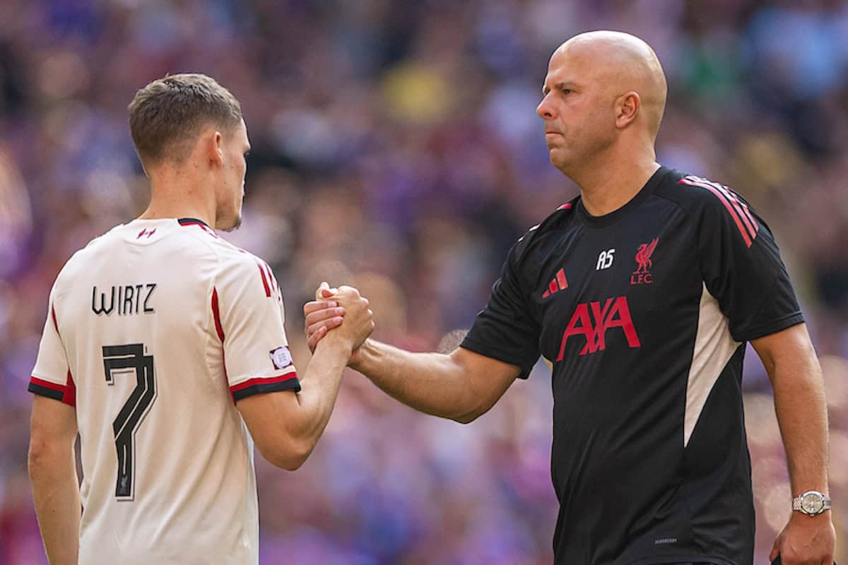 LONDON, ENGLAND - Sunday, August 10, 2025: Liverpool&rsquo;s head coach Arne Slot shakes hands with Florian Wirtz after the FA Community Shield match between Crystal Palace FC and Liverpool FC at Wembley Stadium. Palace won 3-1 on penalties after a 2-2 draw. (Photo by David Rawcliffe/Propaganda)