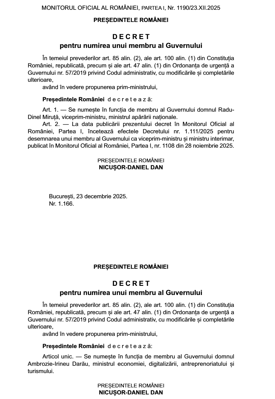 Publicarea decretelor de instalare a noilor miniștri de Apărare și Economie, în Monitorul Oficial.