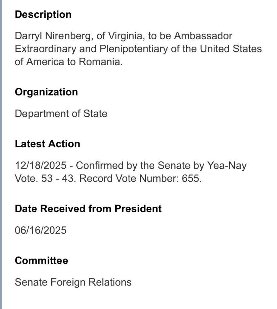 [ad_1] Darryl Nirenberg a fost confirmat în rolul de ambasador în România, după ce a fost propus oficial de Donald Trump la acest post în iunie și a trecut de votul Senatului
