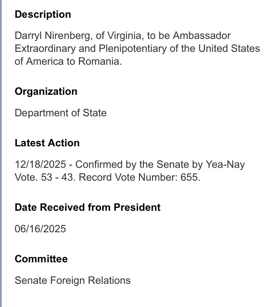 [ad_1] Darryl Nirenberg a fost confirmat în rolul de ambasador în România, după ce a fost propus oficial de Donald Trump la acest post în iunie și a trecut de votul Senatului