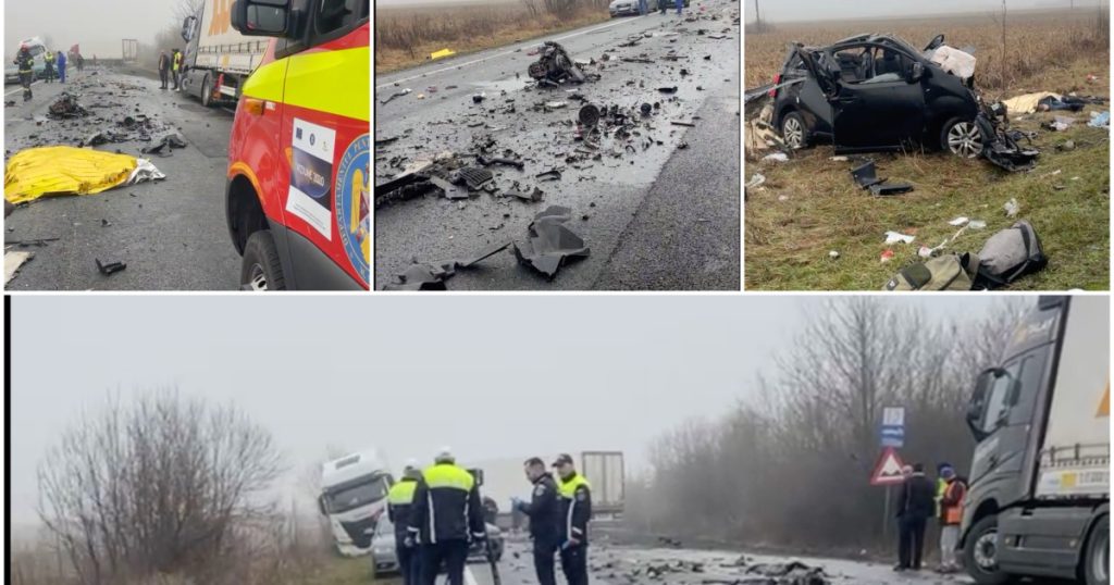 Șase morți într-un accident auto pe DN6, în Timiș. Trei oameni sunt răniți, unul foarte grav. Elicopterele SMURD n-au putut interveni