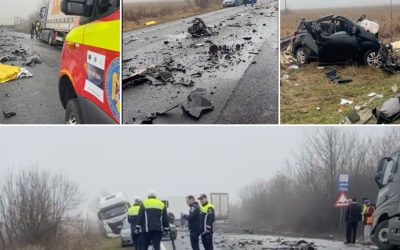 Șase morți într-un accident auto pe DN6, în Timiș. Trei oameni sunt răniți, unul foarte grav. Elicopterele SMURD n-au putut interveni