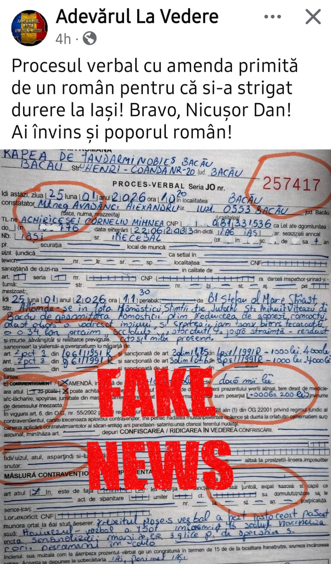 Imagini false puse în circulație intens pe rețelele sociale: documente semnate ca fiind eliberate de Jandarmerie în timpul protestelor din 24 ianuarie, false și generate cu ajutorul inteligenței artificiale Tensiunile politice și sociale din România continuă să fie alimentate de informații false, de această dată prin intermediul unor imagini înșelătoare care circulă rapid pe internet
