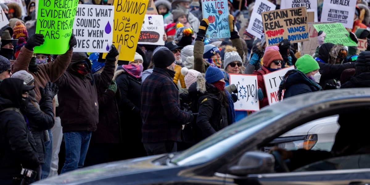 Demonstrators against the ongoing Immigration and Customs Enforcement deployment during a protest at the Government Plaza in Minneapolis on Sunday, Jan. 25, 2026.