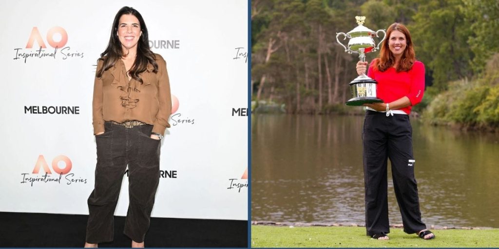 Jennifer Capriati at the Australian Open 2026 (L), and posing with the winner