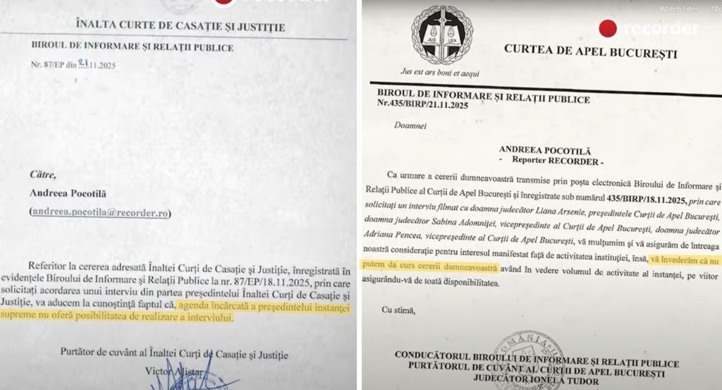 Președinta Curții de Apel București își anchetează propria imagine în contextul scandalului mediatic legat de documentarul „Justiție capturată” Liana Arsenie, președinta Curții de Apel București, a emis luni seară un comunicat oficial în care încearcă să clarifice poziția instituției sale în urma difuzării documentarului „Justiție capturată”, realizat de portalul Recorder și lansat în decembrie anul trecut