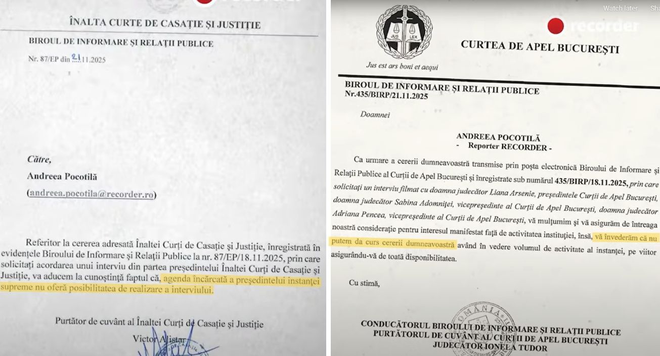 Președinta Curții de Apel București își anchetează propria imagine în contextul scandalului mediatic legat de documentarul „Justiție capturată” Liana Arsenie, președinta Curții de Apel București, a emis luni seară un comunicat oficial în care încearcă să clarifice poziția instituției sale în urma difuzării documentarului „Justiție capturată”, realizat de portalul Recorder și lansat în decembrie anul trecut