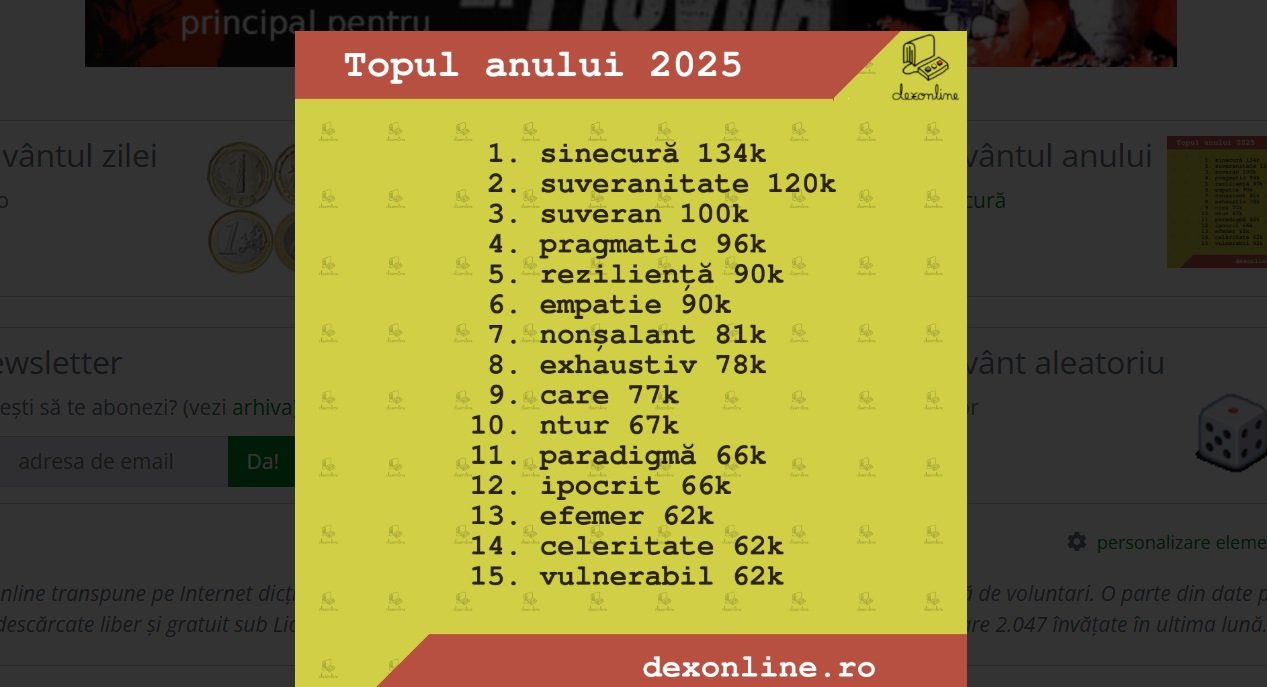 Românii au început să caute cuvintele de anul acesta cu o curiozitate aparte, iar cele mai populare termeni din dictionarul online DexOnline reflectă nu doar grija pentru vocabular, ci și vibrațiile sociale și politice ale anului 2025
