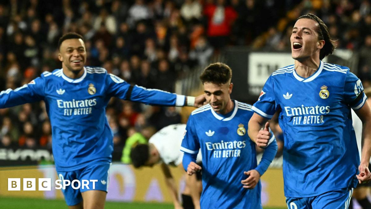 Kylian Mbappe shoots for Real Madrid against Valencia in La Liga