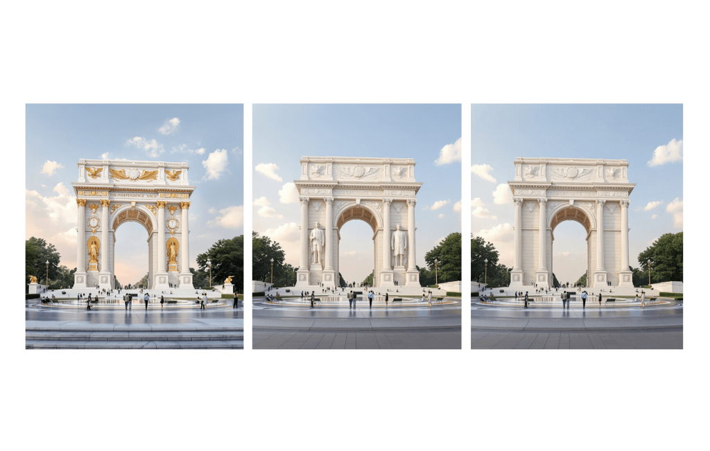 Președintele SUA, Donald Trump, a anunțat sâmbătă, de pe avionul prezidențial Air Force One, intenția de a amplasa în Washington o structură de monument — o arcadă de triumf inspirată de faimosul monument parizian, dar cu trăsături mai impunătoare și mai spectaculoase
