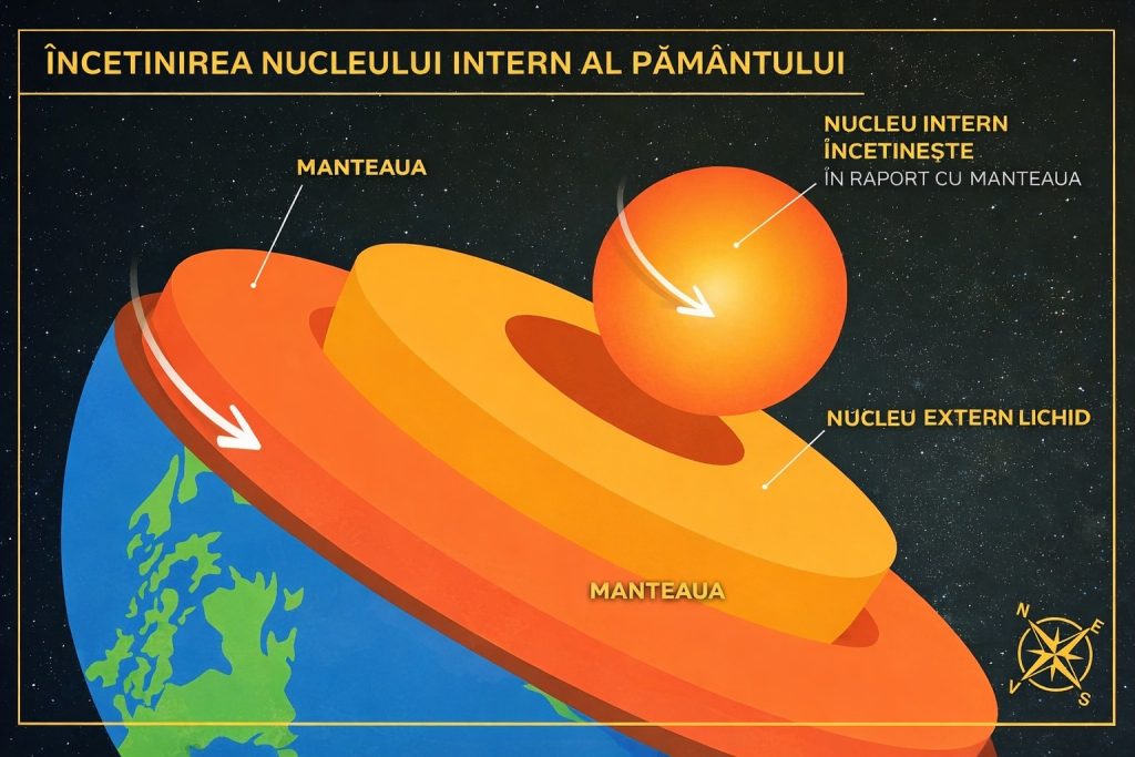 Nucleul Pământului încetinește: O mișcare subtilă cu implicații majore Oamenii de știință au descoperit că nucleul intern al Pământului, o sferă solidă aflată la mii de kilometri sub picioarele noastre, a încetinit