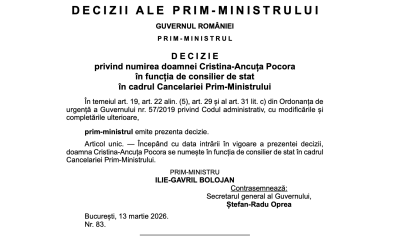 Cristina Ancuța Pocora, numită consilier de stat în cadrul Cancelariei Prim-ministrului Guvernul a anunțat numirea Cristinei Ancuța Pocora în funcția de consilier de stat în cadrul Cancelariei Prim-ministrului