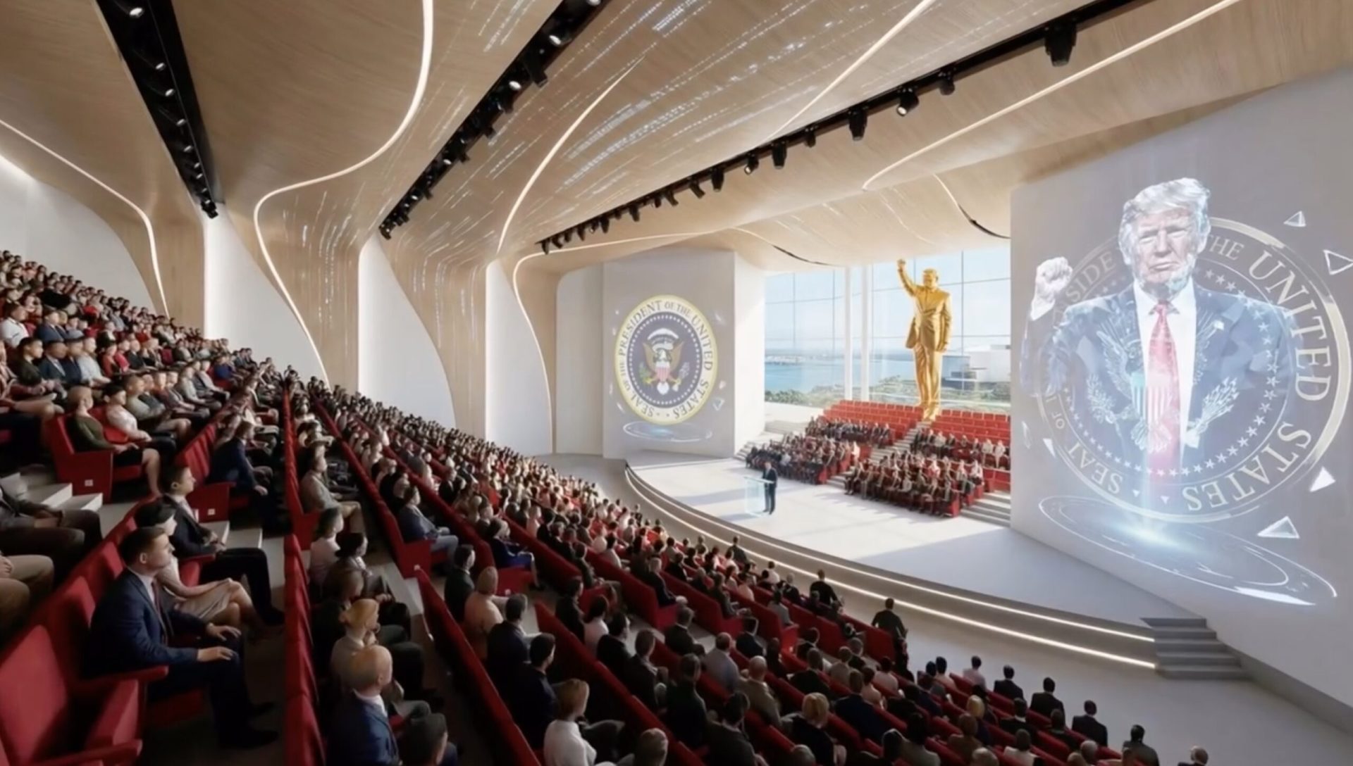 Donald Trump dezvăluie planurile pentru biblioteca prezidențială: Turn de sticlă și statuie aurie Fostul președinte american Donald Trump a prezentat planurile pentru construcția bibliotecii sale prezidențiale, ce va fi amplasată în centrul orașului Miami