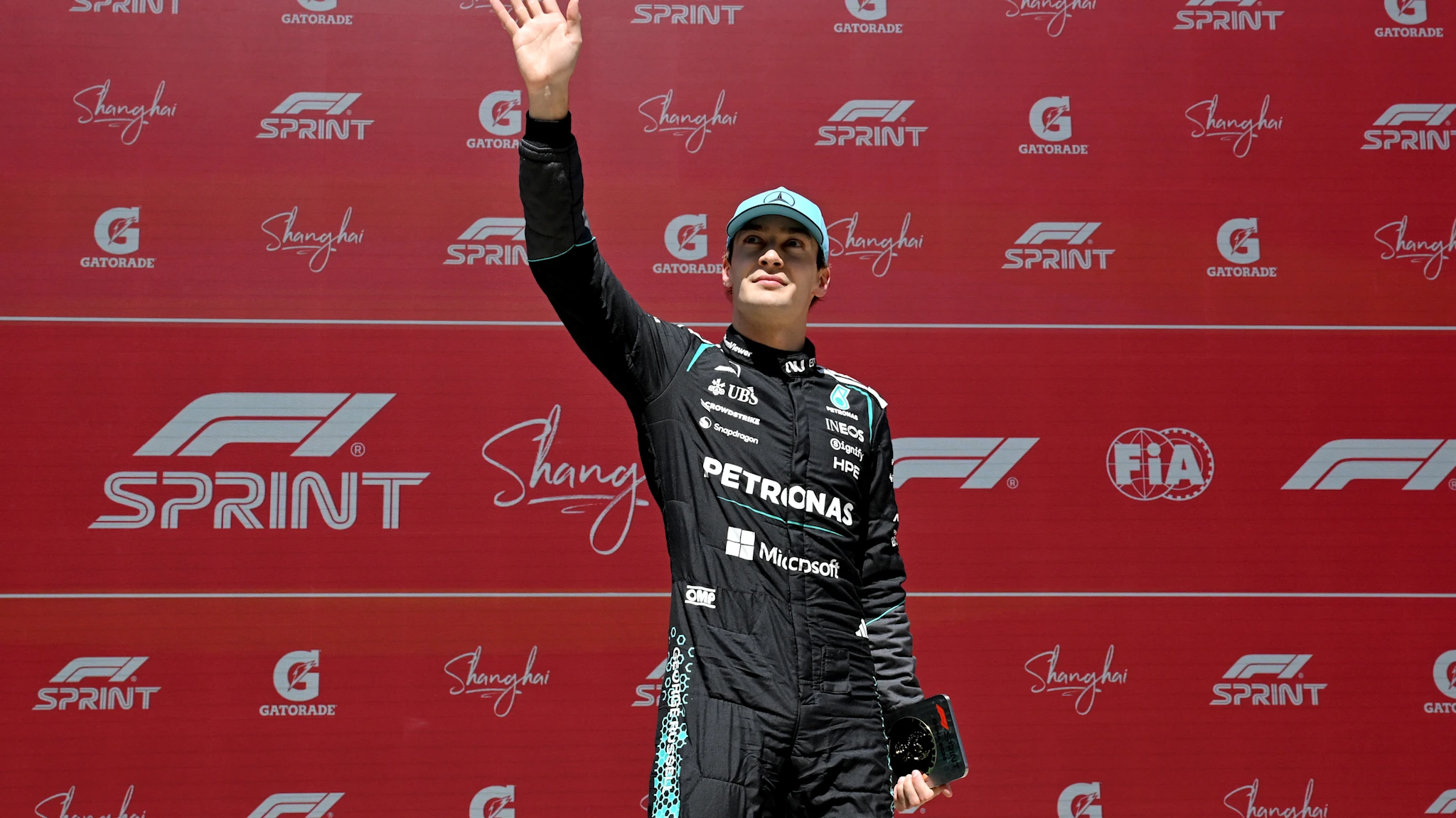 SHANGHAI, CHINA - MARCH 13: Pole position qualifier George Russell of Great Britain and Mercedes