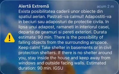 Mesaj ro-alert: Pericol de cădere obiecte în nordul județului Tulcea