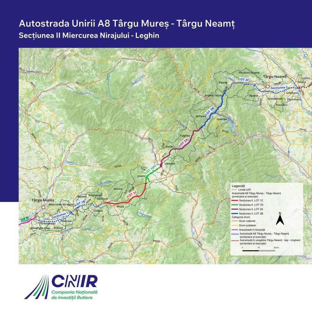 Autostrada Unirii: CNIR a predat amplasamentul pentru două loturi Compania Naţională de Investiţii Rutiere (CNIR) a predat marți amplasamentul pentru două loturi ale Autostrăzii A8 Târgu Mureș – Târgu Neamț, respectiv loturile 1D Joseni – Ditrău și 2A Ditrău – Grințieș