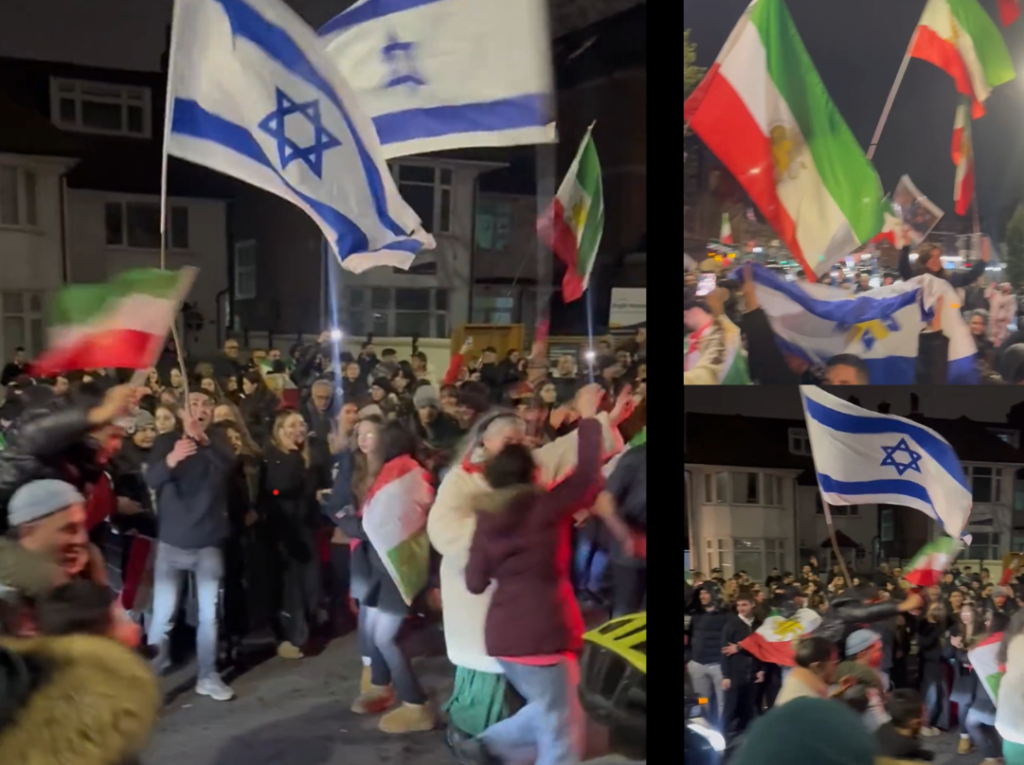Reformulări:

Londra: Israelieni și iranieni celebrează dispariția lui Khamenei (59 caractere)
Senzațional: Sărbătoare comună la Londra, după zvonuri despre Khamenei (66 caractere)
Londra: Proteste mixte pro-democrație, după speculații despre Khamenei (68 caractere)