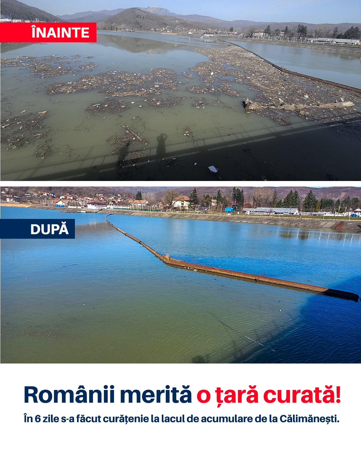 Lacul de acumulare Călimănești, curățat de deșeuri în doar șase zile Ministra Mediului, Diana Buzoianu, a anunțat prin intermediul unei postări pe Facebook că lucrările de curățare a lacului de acumulare de la Călimănești au fost finalizate