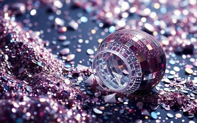 An extreme close-up photograph of shimmering sequins and shattered glass, capturing the glitz and energy of a music festival.