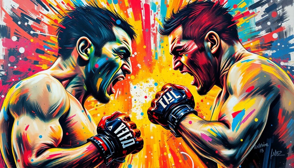 An abstract, expressionist painting in vibrant neon colors, capturing the raw energy and tension of a confrontation between two UFC fighters. The figures are dissolved into unrecognizable splatters, with only the essence of the moment conveyed through the explosive brushstrokes and clashing hues.