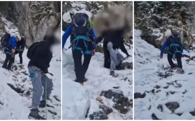 Doi turiști, salvați de pe munte, au stat culcați pe burtă o oră și jumătate
