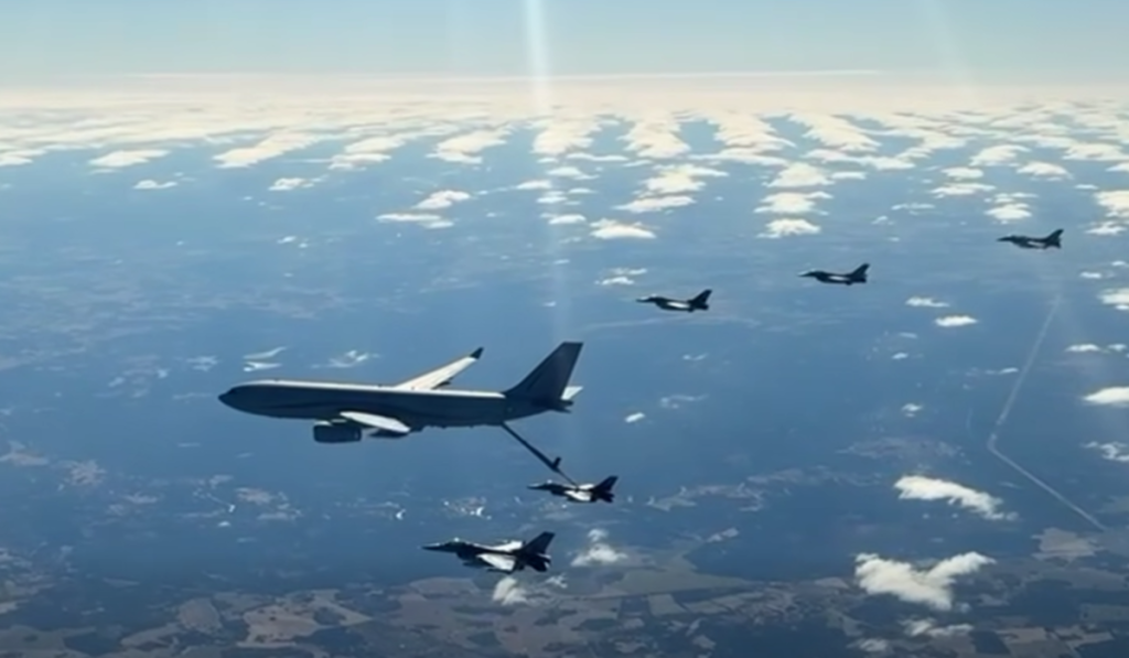 Imagini spectaculoase: F-16 ale României, realimentare în aer!