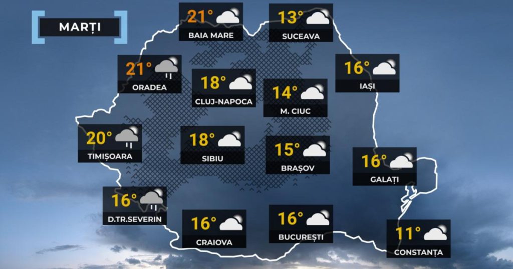 Vremea: Ploi sporadice în țară și ninsoare la munte. Maxime de 22 grade