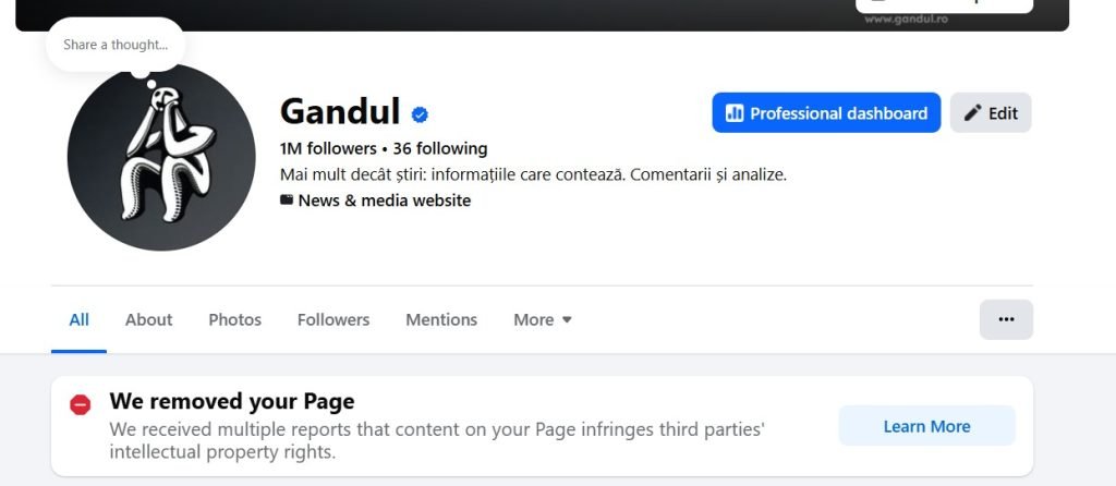 Compania META, proprietara platformei FACEBOOK, a închis, fără avertisment, pagina de social media a unei publicații importante din România, pe 22 februarie 2026