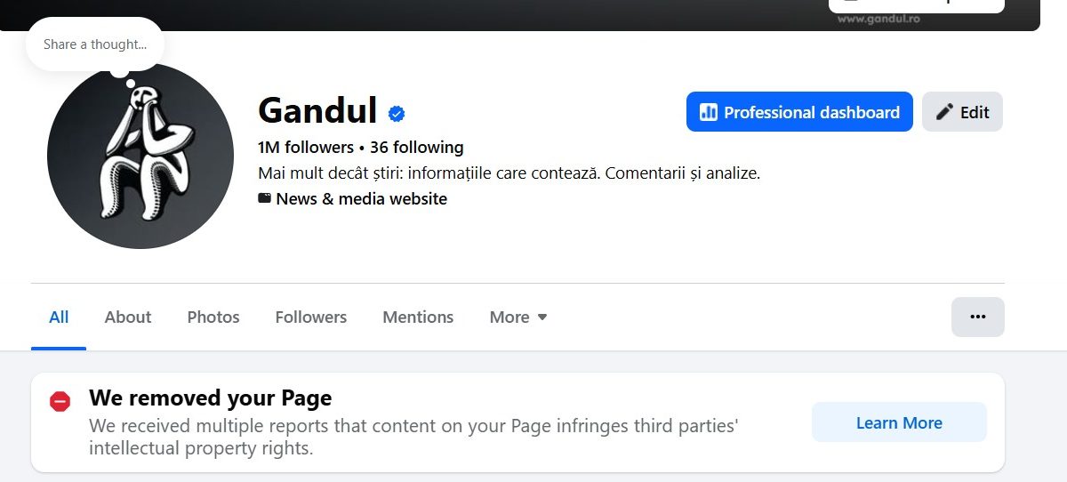 Gândul, victima Facebook? Pagina ziarului cu 1 milion de fani, închisă