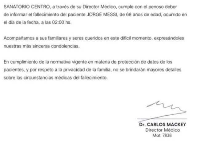 Spitalul din Rosario, despre Jorge Messi: Comunicat Oficial