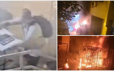 Momentul în care un piroman pune foc la intrarea unui bloc. 3 incendii provocate în mai puţin de o oră