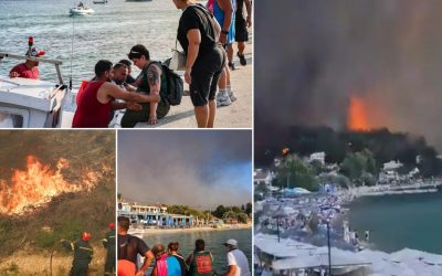 Halkidiki în flăcări: Români în costum de baie fug din hoteluri