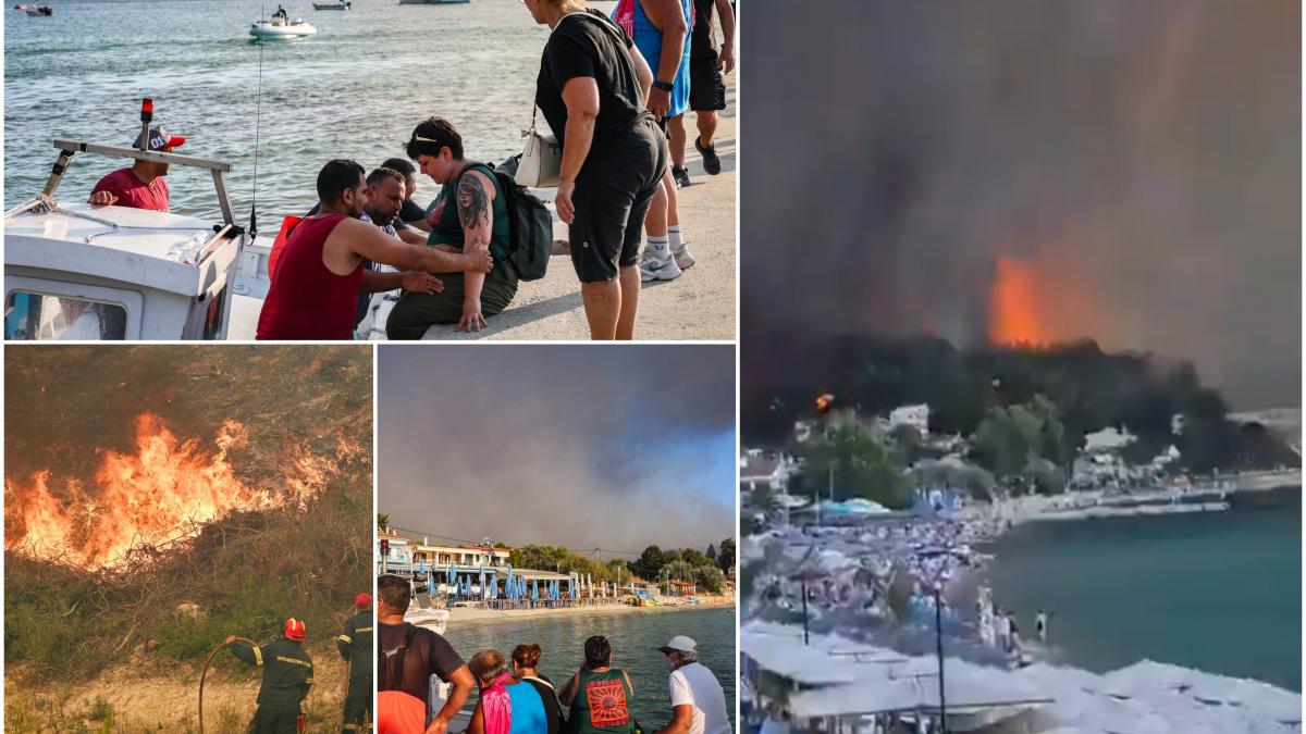 Halkidiki în flăcări: Români în costum de baie fug din hoteluri