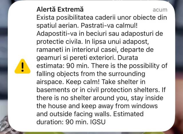 RO-ALERT Tulcea Nord: Obiecte din spațiu ar putea cădea