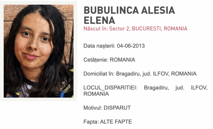ALERTĂ RO: Alesia-Elena Bubulincă, dispărută